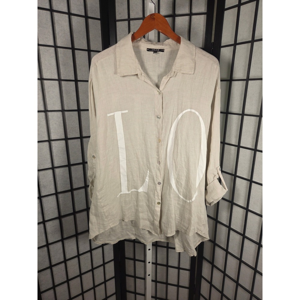 Charlie B Womens XL‎ Linen Love Graphic Button Up Shirt Beige Made in Italy